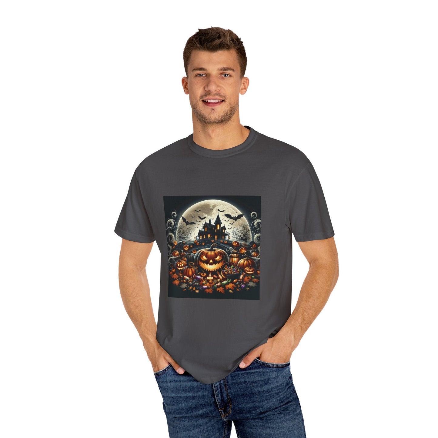 Spooky Halloween T-Shirt, Unisex Fall Shirt, Pumpkin Graphic Tee, Haunted House Top, Autumn Celebration Apparel Printify