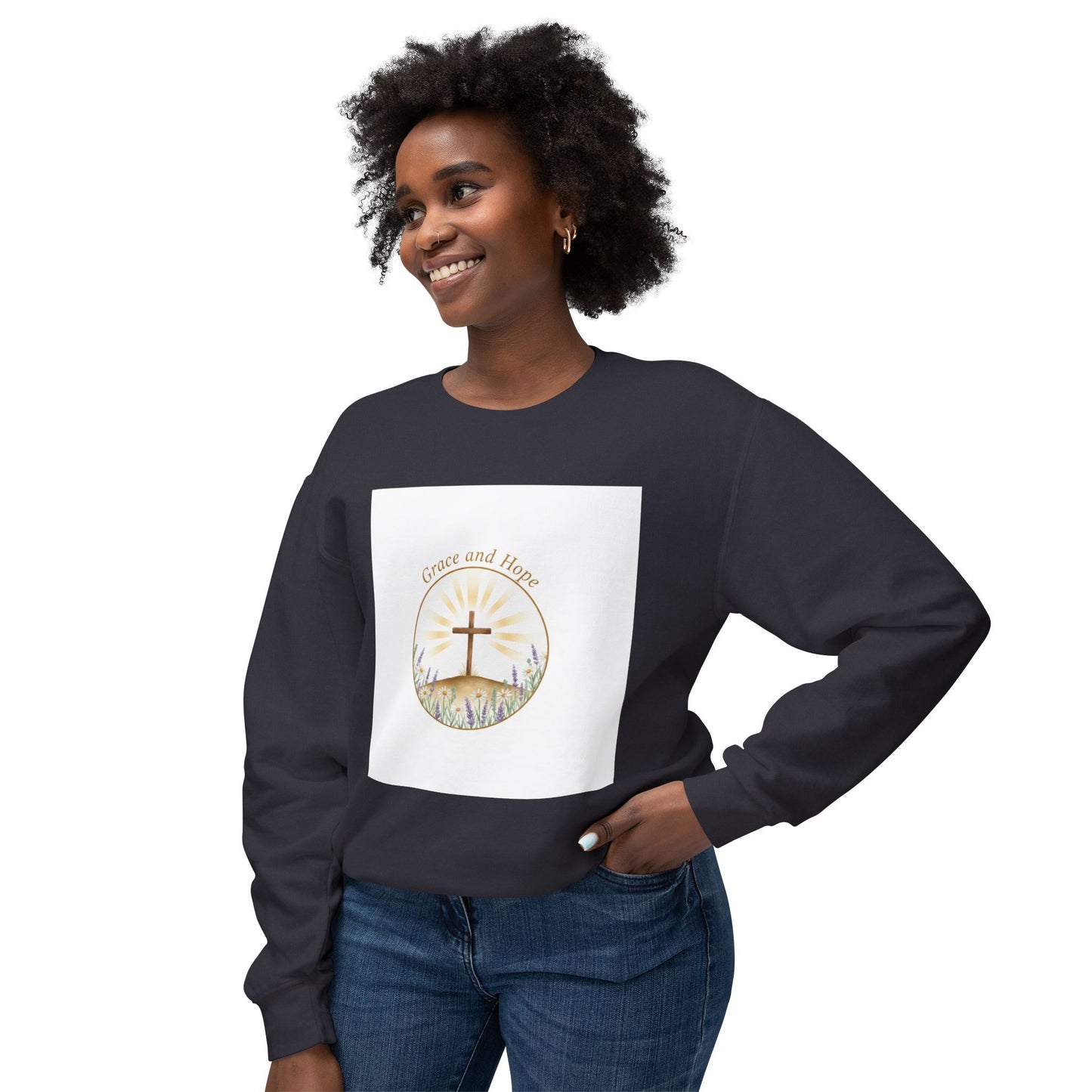 Christian Cross Crewneck Sweatshirt — "Grace and Hope" Sunrise Design