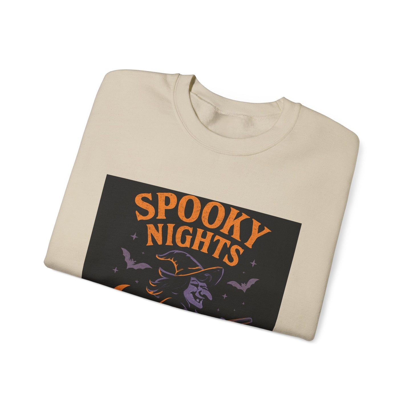 Spooky Nights Sweatshirt — Halloween Witch, Bats & Jack-O'-Lanterns Crewneck Printify