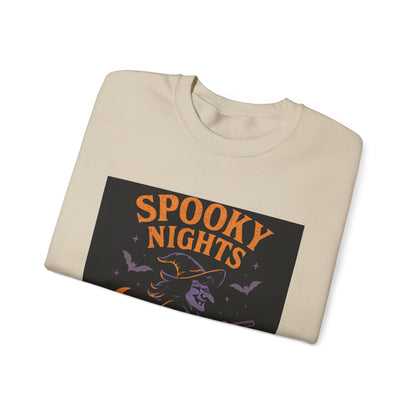 Spooky Nights Sweatshirt — Halloween Witch, Bats & Jack-O'-Lanterns Crewneck Printify