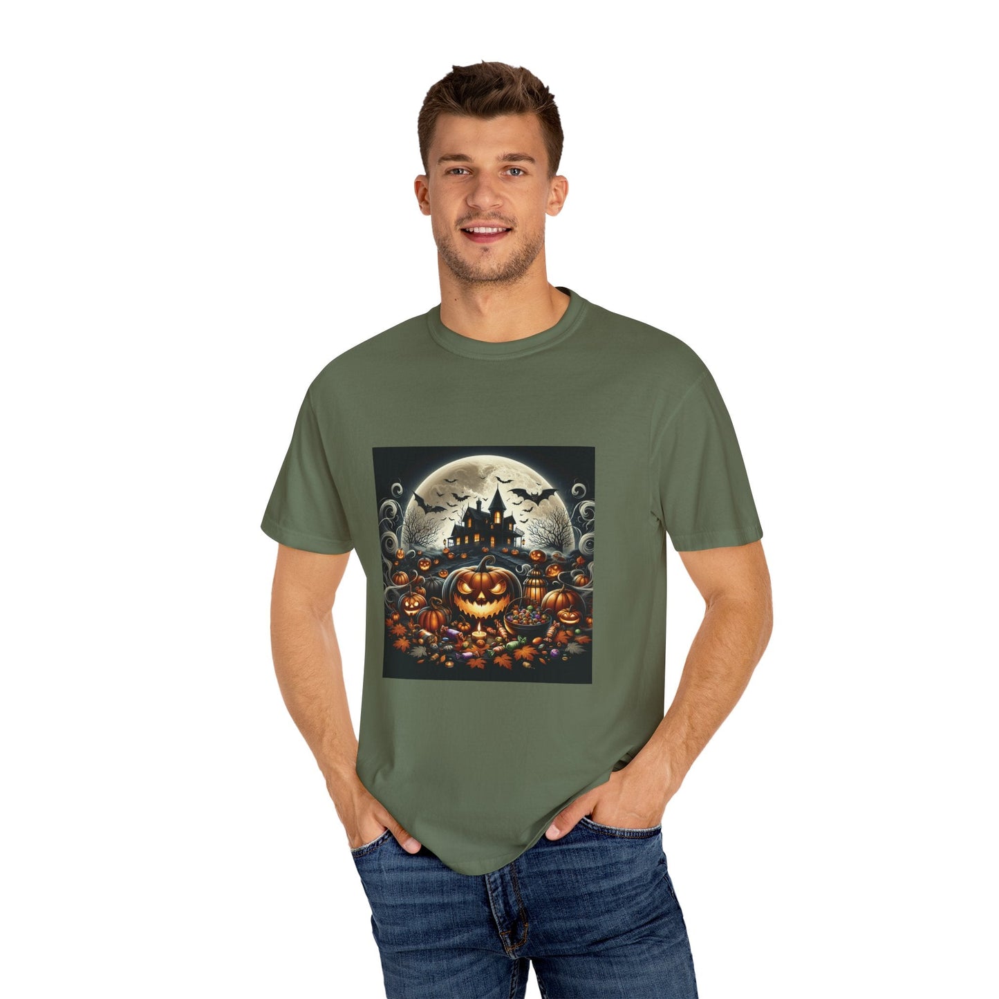 Spooky Halloween T-Shirt, Unisex Fall Shirt, Pumpkin Graphic Tee, Haunted House Top, Autumn Celebration Apparel Printify