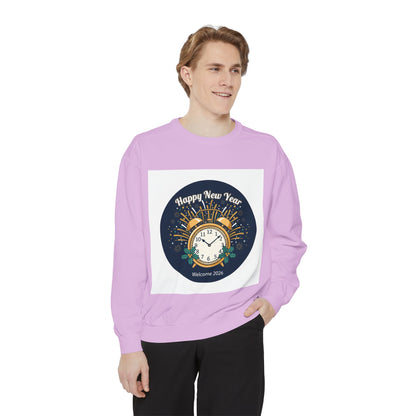 New Year Sweatshirt — "Happy New Year" Clock & Fireworks Graphic
