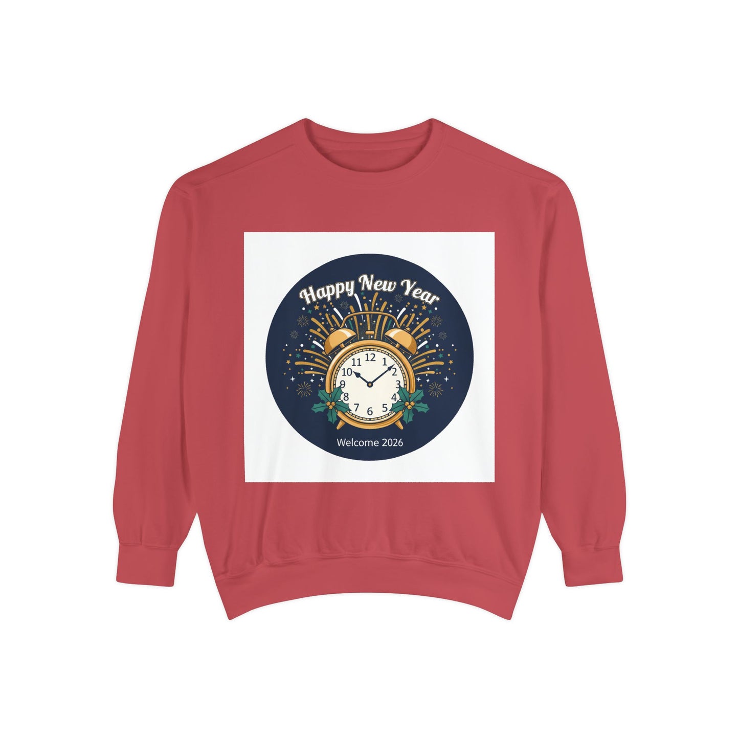 New Year Sweatshirt — "Happy New Year" Clock & Fireworks Graphic