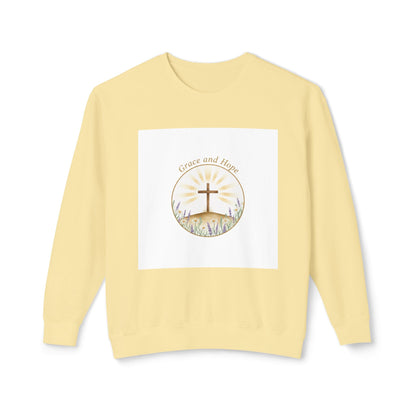 Christian Cross Crewneck Sweatshirt — "Grace and Hope" Sunrise Design Printify