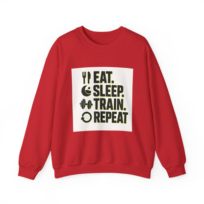 Train Repeat Crewneck Sweatshirt — "Eat. Sleep. Train. Repeat." Fitness Sweatshirt Printify