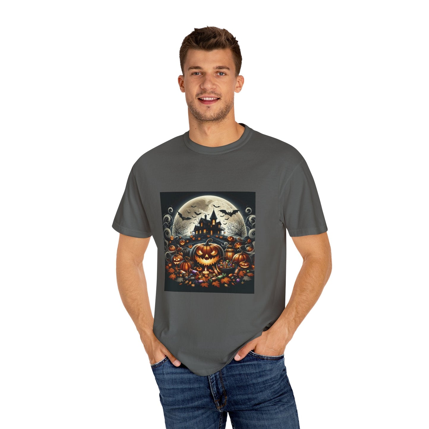 Spooky Halloween T-Shirt, Unisex Fall Shirt, Pumpkin Graphic Tee, Haunted House Top, Autumn Celebration Apparel Printify