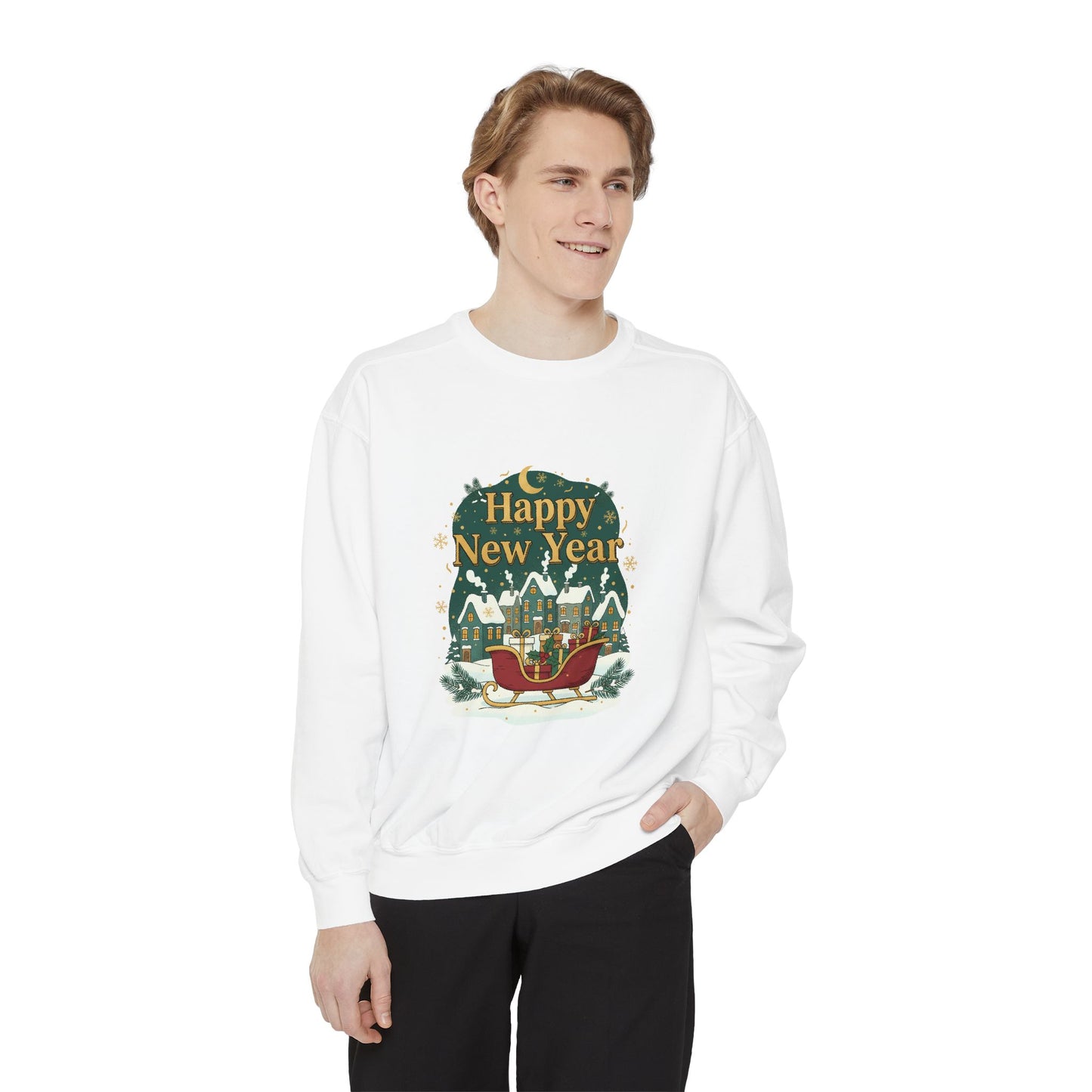 Happy New Year Sweatshirt — Festive Sleigh Village Holiday Crewneck